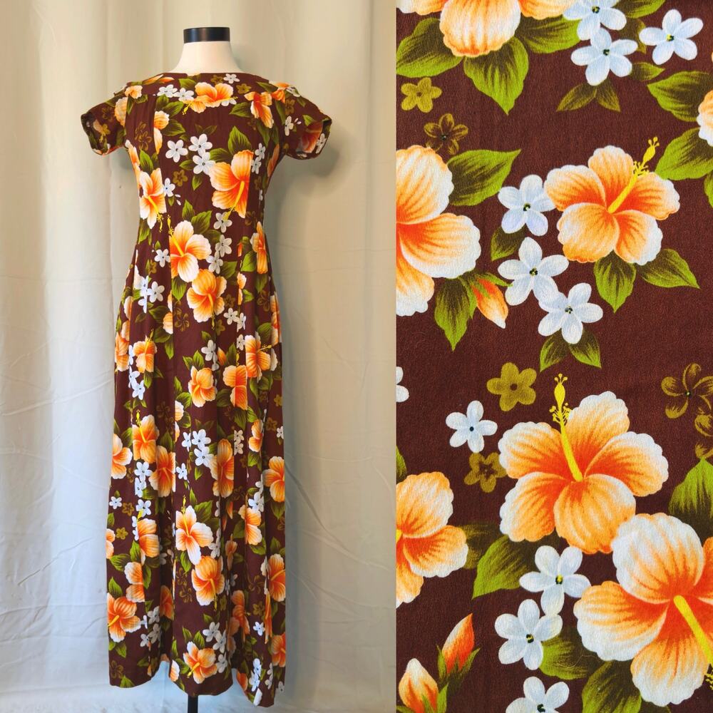 VTG 60s Ui Maikai Barkcloth Maxi Hawaiian Dress size XS / Small